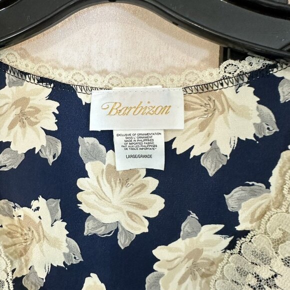 Barbizon Vintage Navy Blue Satin Ivory Floral Flower Lace Night Gown Size L - Picture 2 of 4